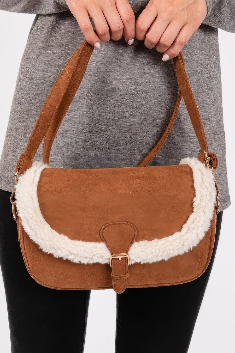 Thumbnail: Fleece Trimmed Solid Crossbodybag Adjustable Strap