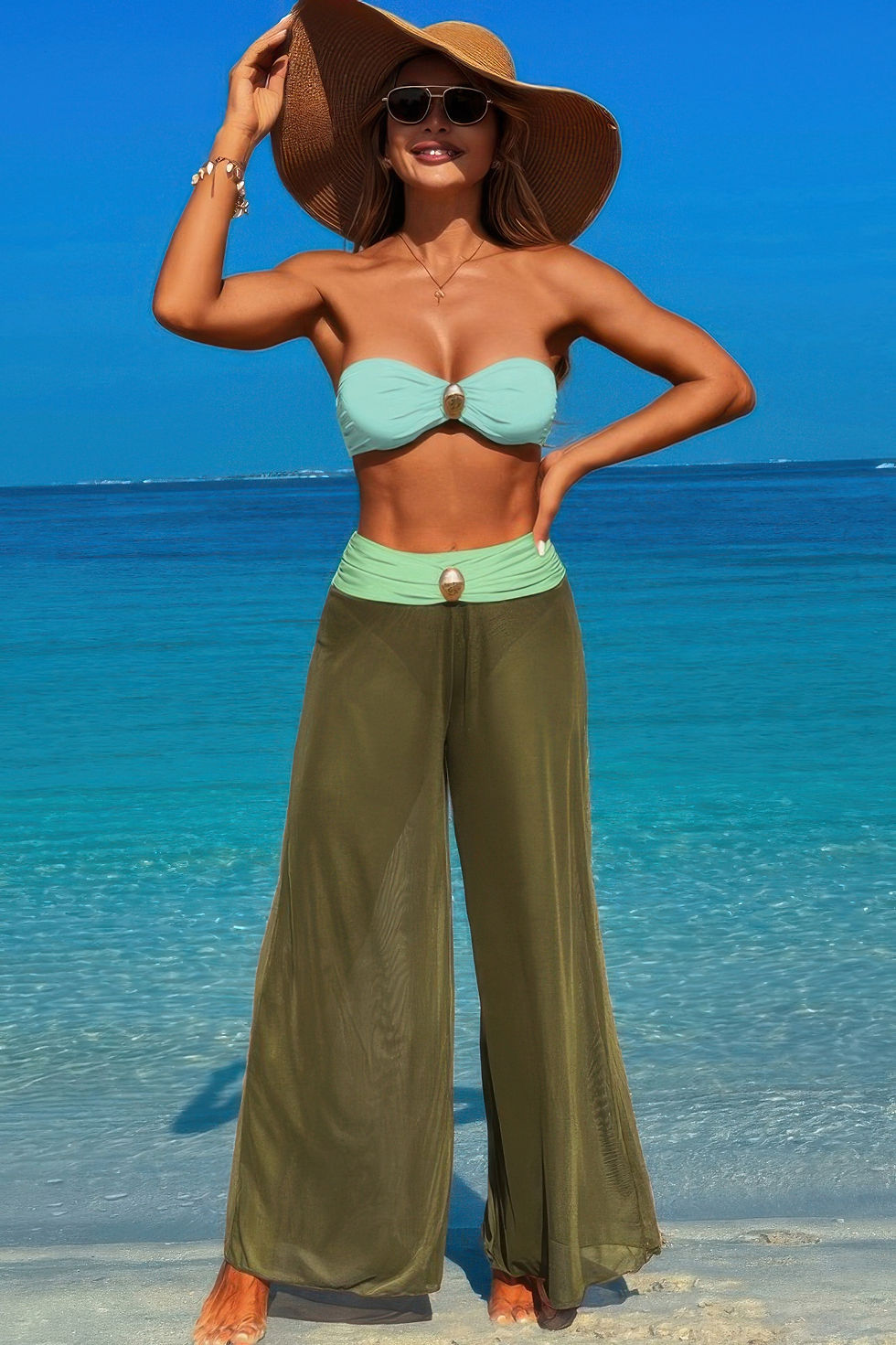Thumbnail: Solid Color Metal Decor Beach Bikini Pants Set