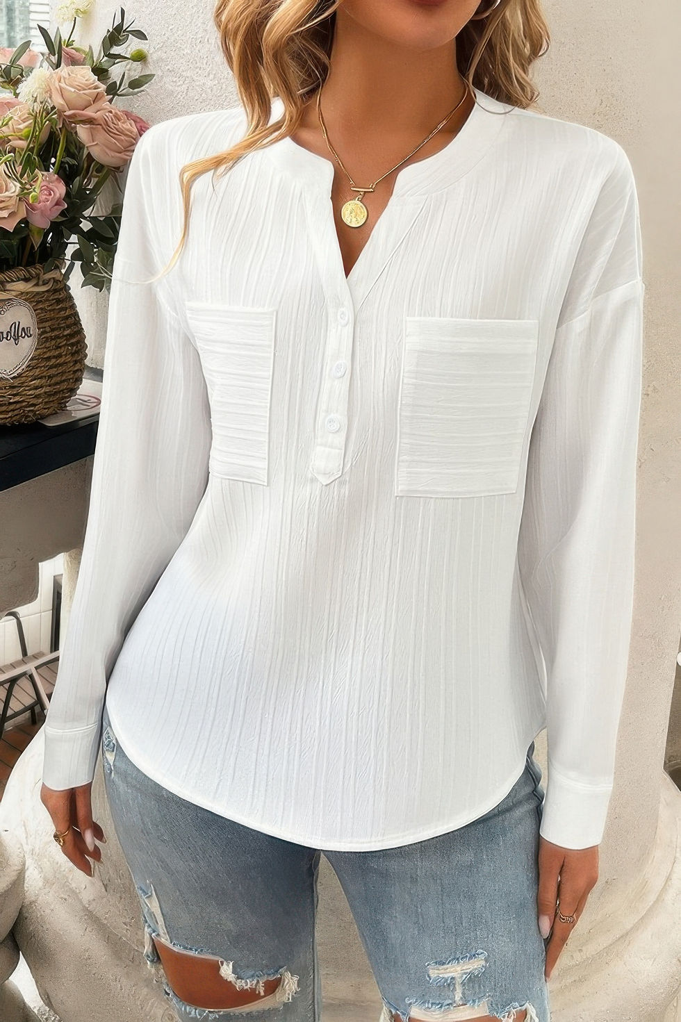 Thumbnail: Pleated V Neck Pockets Button Drop Shoulder Blouse