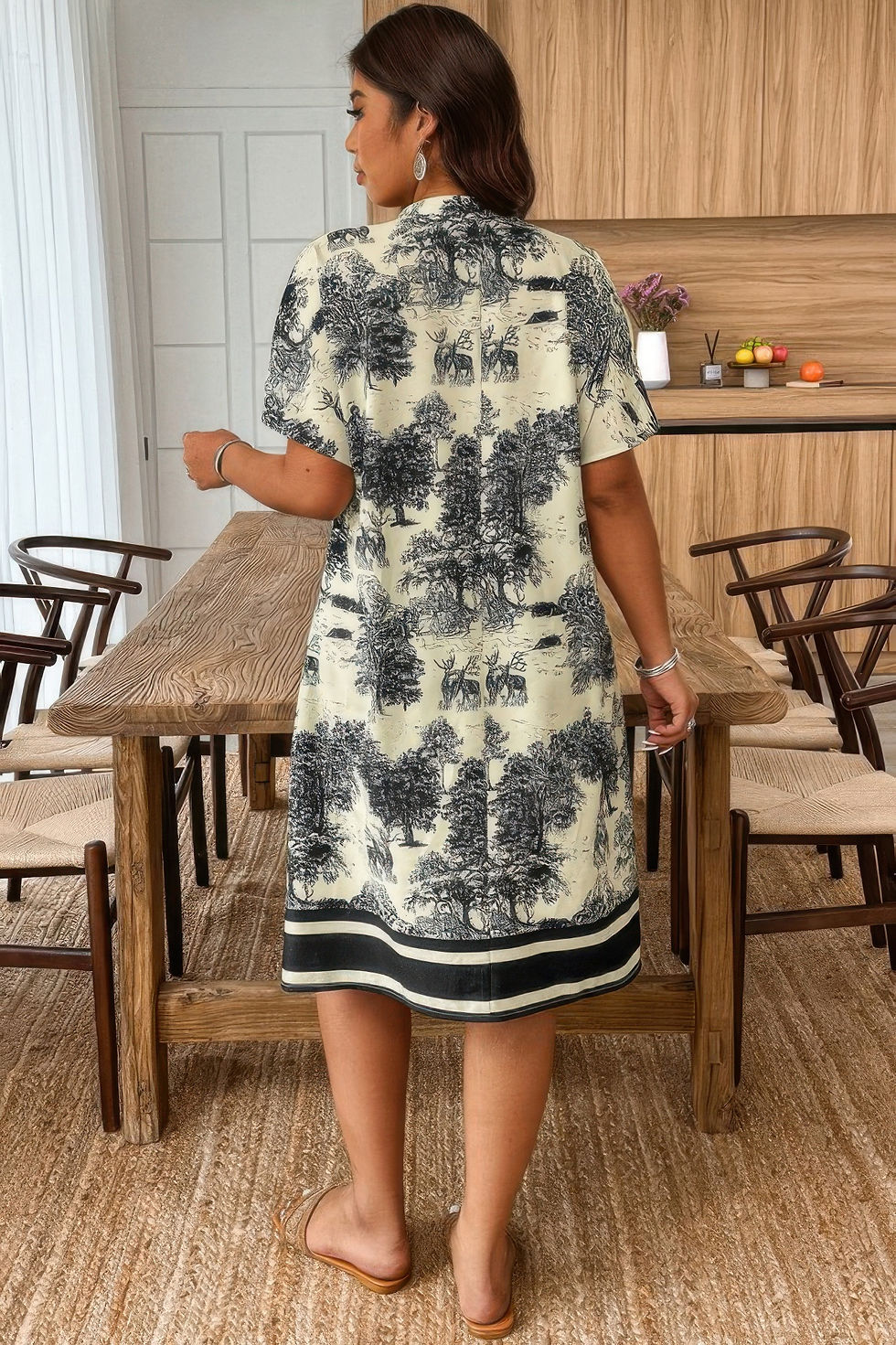 Thumbnail: Plus Size Floral Print V Neck Fit Midi Dress