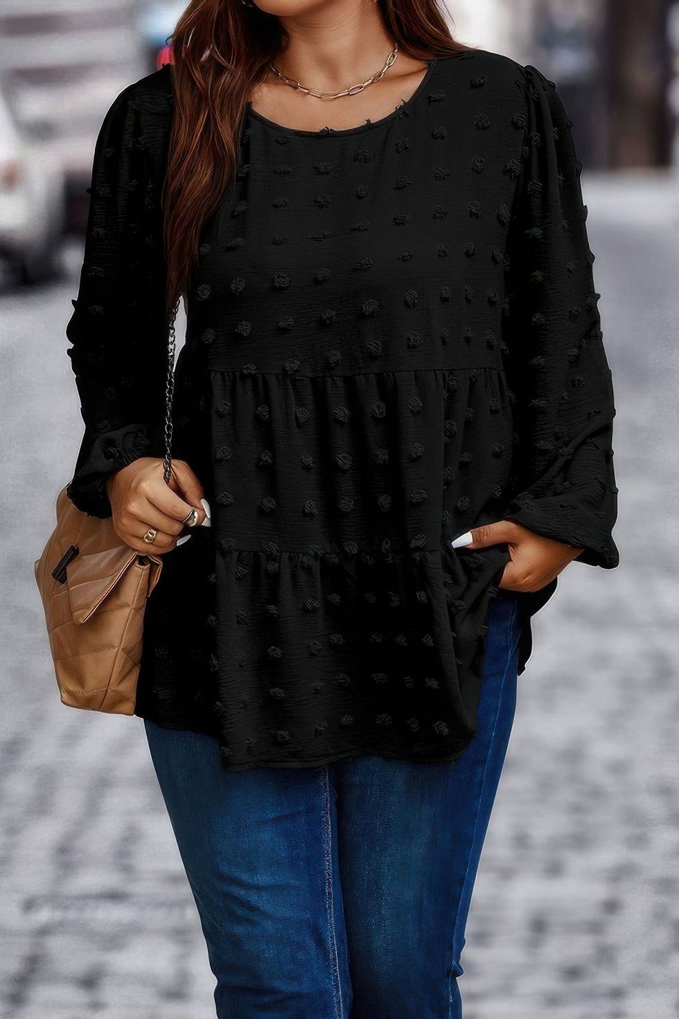 Plus Swiss Dot Round Neck Ruffle Hem Blouse