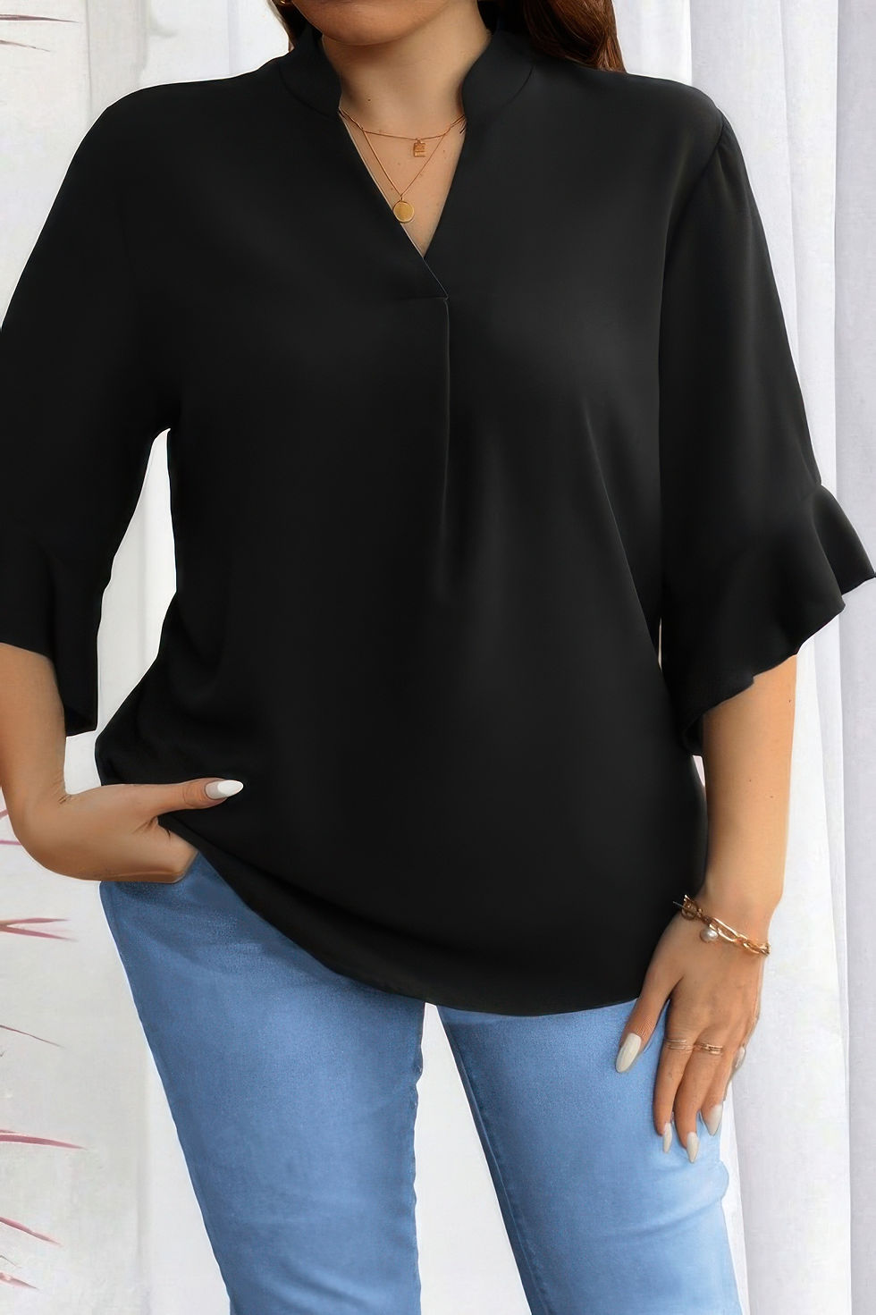 Thumbnail: Plus V Neck Ruffle Half Sleeves Loose Blouse
