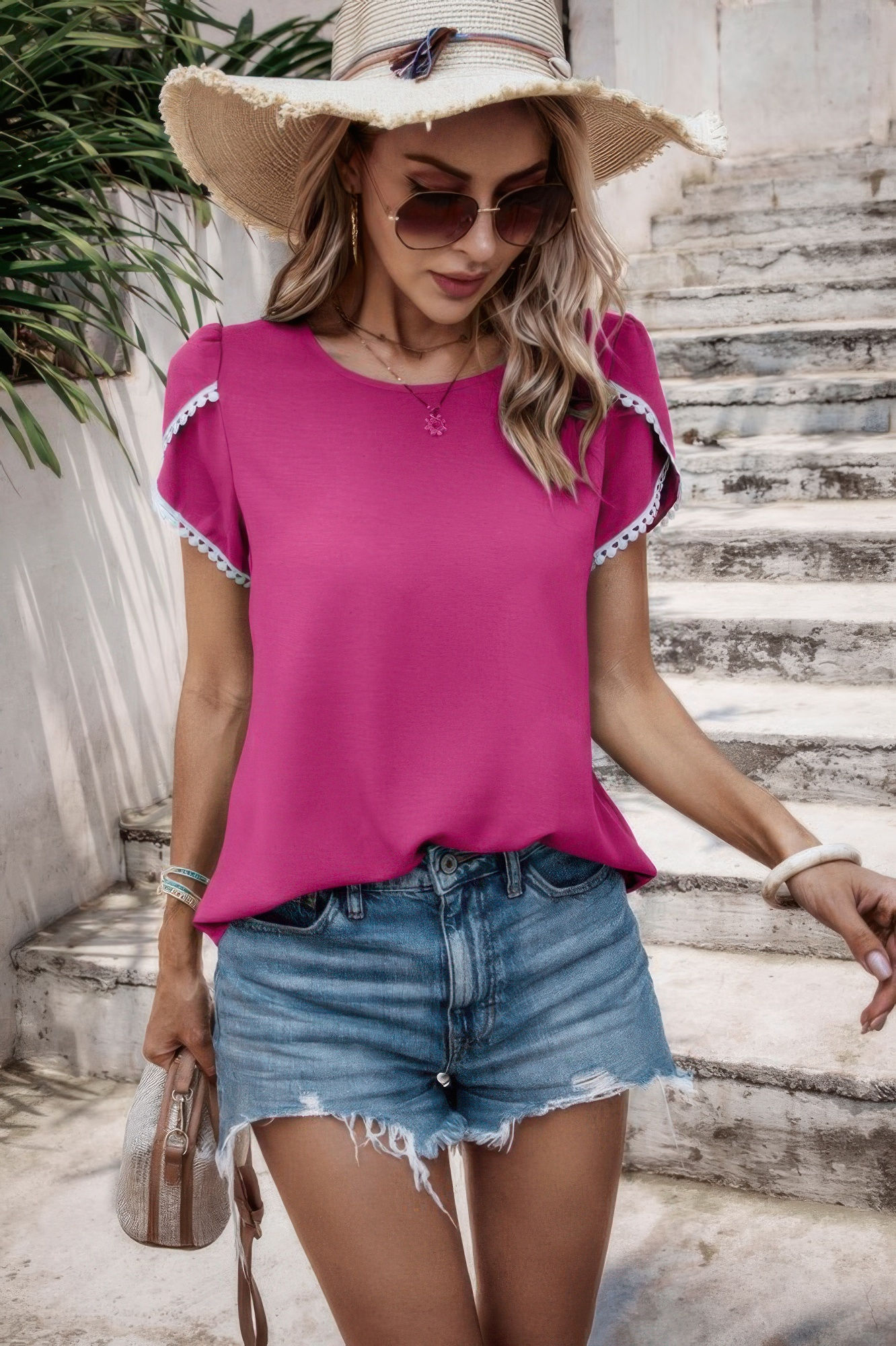 Solid Round Neck Cross Sleeves Top