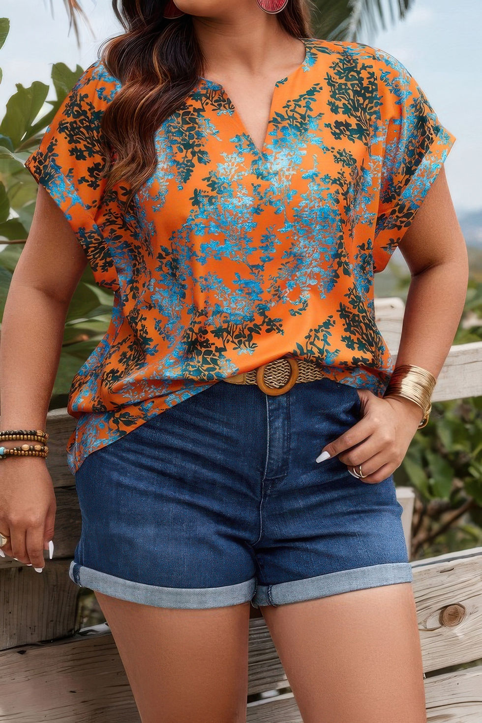 Thumbnail: Plus Floral V Neck Batwing Sleeve Loose Shirt