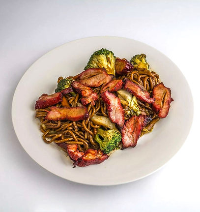 Lo mein with egg noodles stir fried with homemade soy sauce.