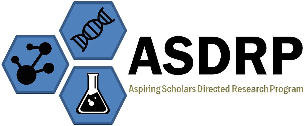 ASDRP logo with blue hexagons for molecule, DNA and flask, beside Aspiring Scholars Directed Research Program text.