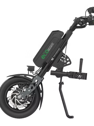 Rehasense Eco-Assist electric wheelchair power add-on featuring a sleek black design and integrated battery system, available at Rolling in Paradise.