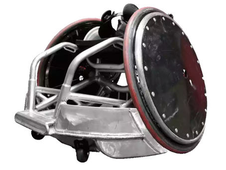 Rugby wheelchairs built for high-impact sports, featuring reinforced frames, front bumpers, and angled wheels for maximum durability and agility during intense gameplay.