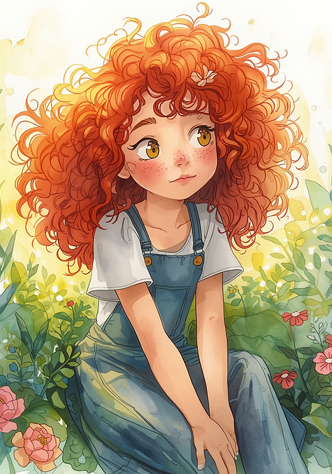 Red haired young girl about 6 or 7 with freckles and wild curly red hair for new storybook