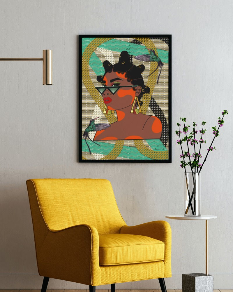 a picture of the woman with bantu knots in a frame on the wall.