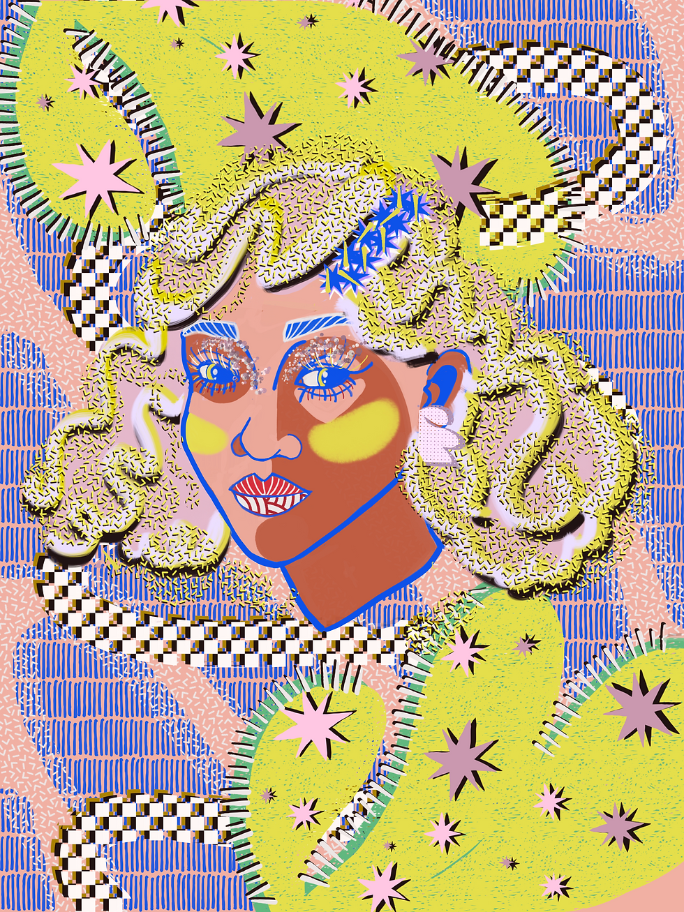 A woman of African heritage with a playful pastel coloured background.