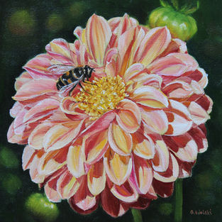 small painting, dahlia, dahlia painting, flower, bee, beautiful flower and the bee