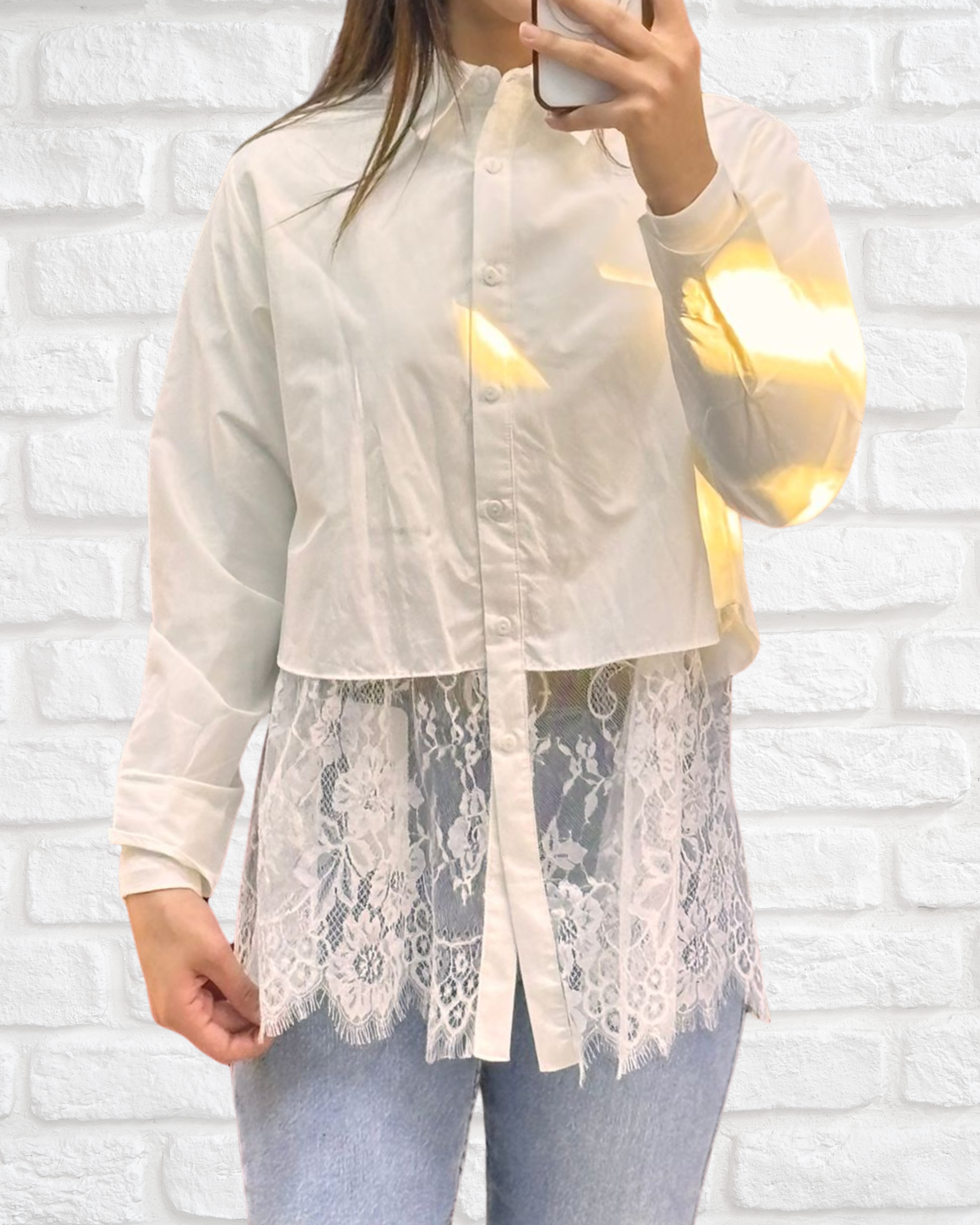 Dantel bitişli poplin beyaz gömlek
