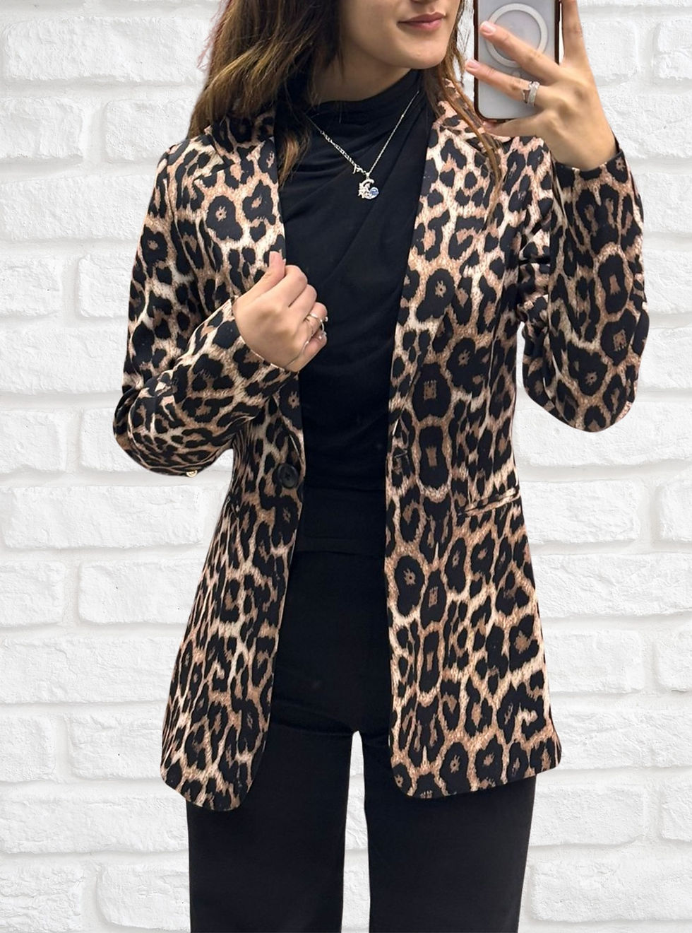 الصورة المصغرة: Leopar desenli, astarlı ve kulplu blazer ceket