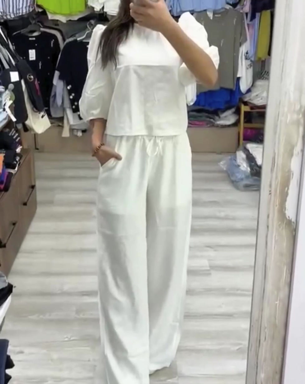 Thumbnail: 🌸Astarlı Beyaz Palazzo Rahat Pantolon Dokulu Keten Kumaş