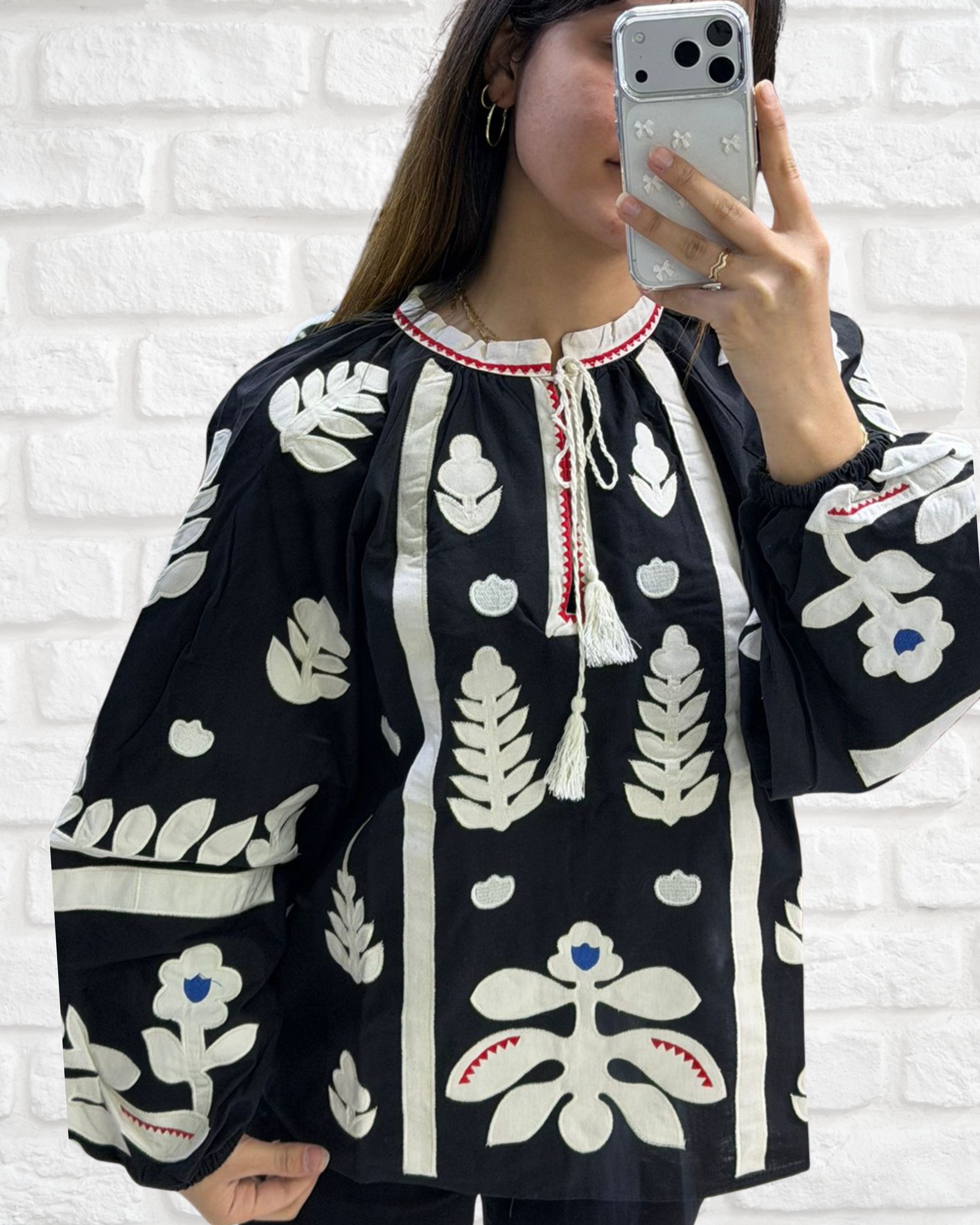 Etnik Keten Balon Kol Bluz