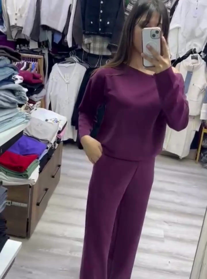 Küçük resim: 🌸Premium Soft Touch Salaş Kayık Yaka Bluz, Palazzo Pantolon 2'li Takım