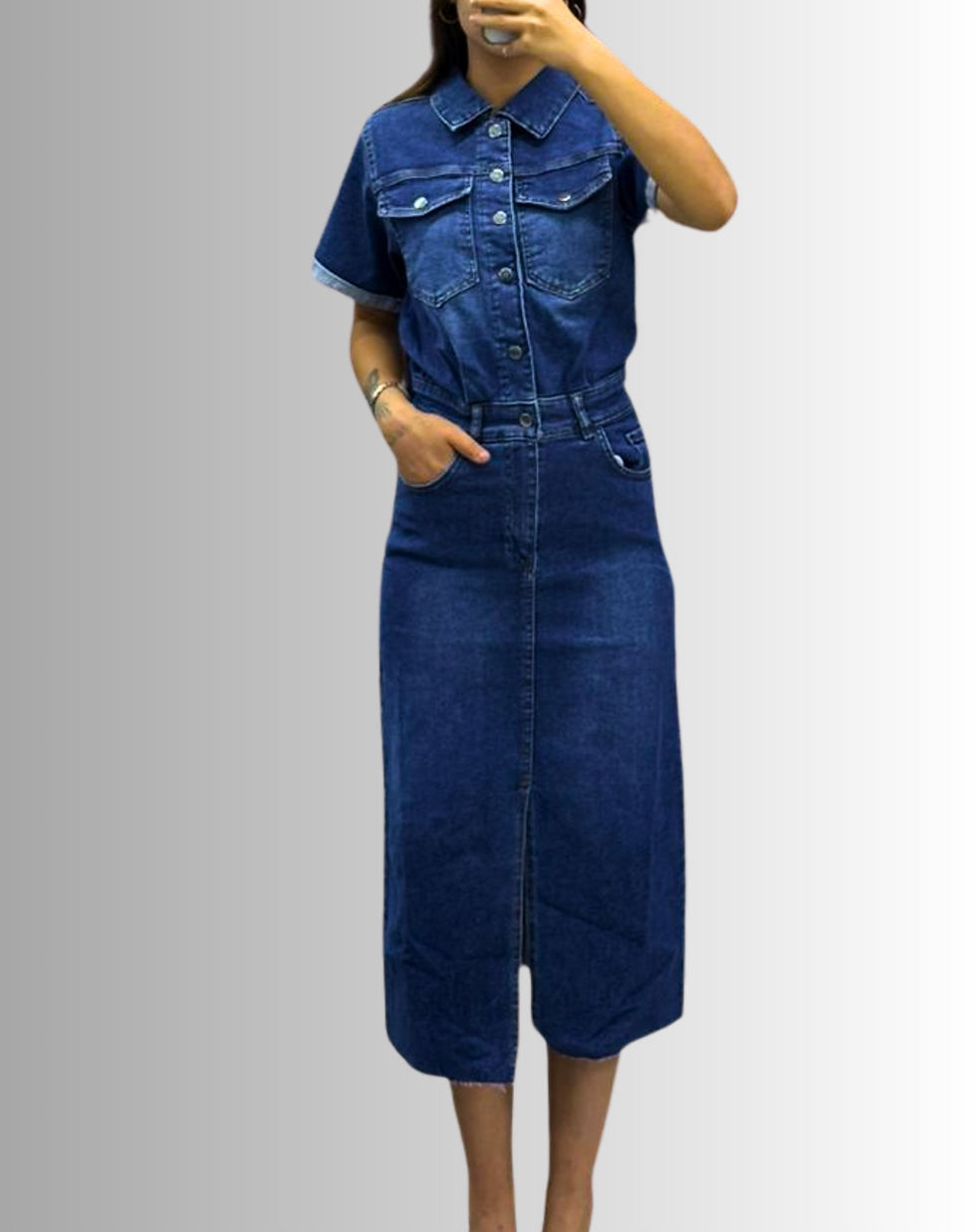 Küçük resim: 🌸Likralı Jean Ön Yırtmaçlı Elbise