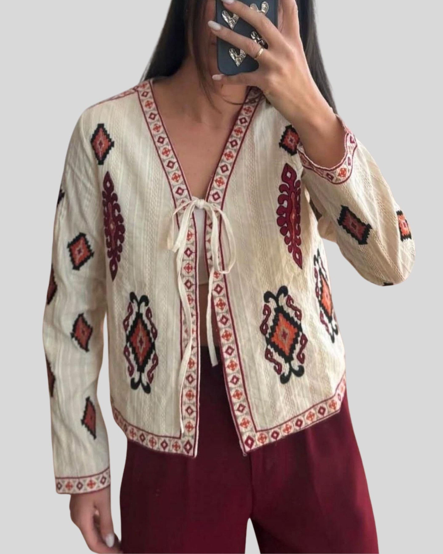 🌸Etnik İşlemeli Astarlı İp Bağlamalı Ceket Premium Kalite