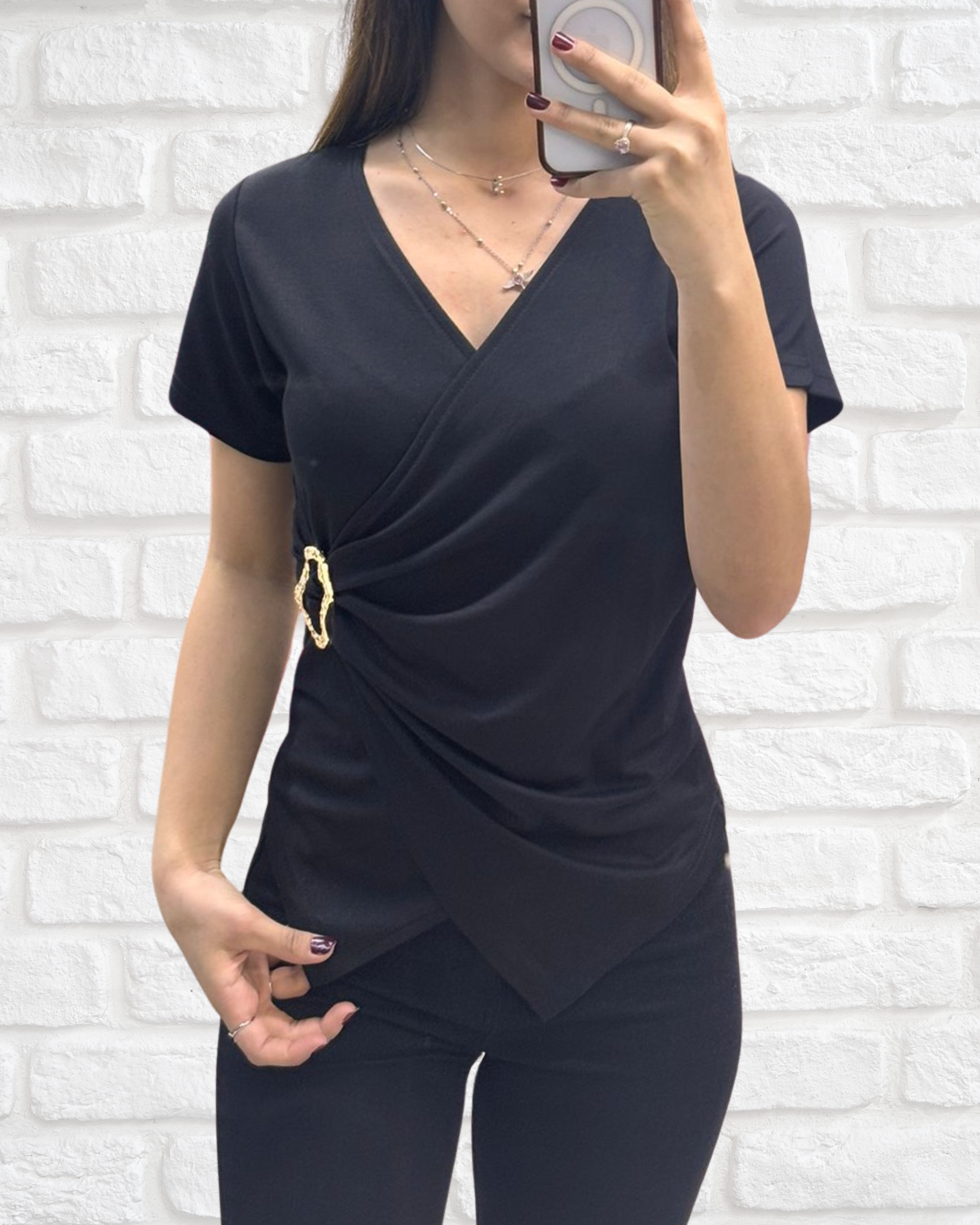 Modal kumaş kruvaze yaka tokalı esnek rahat şık bluz