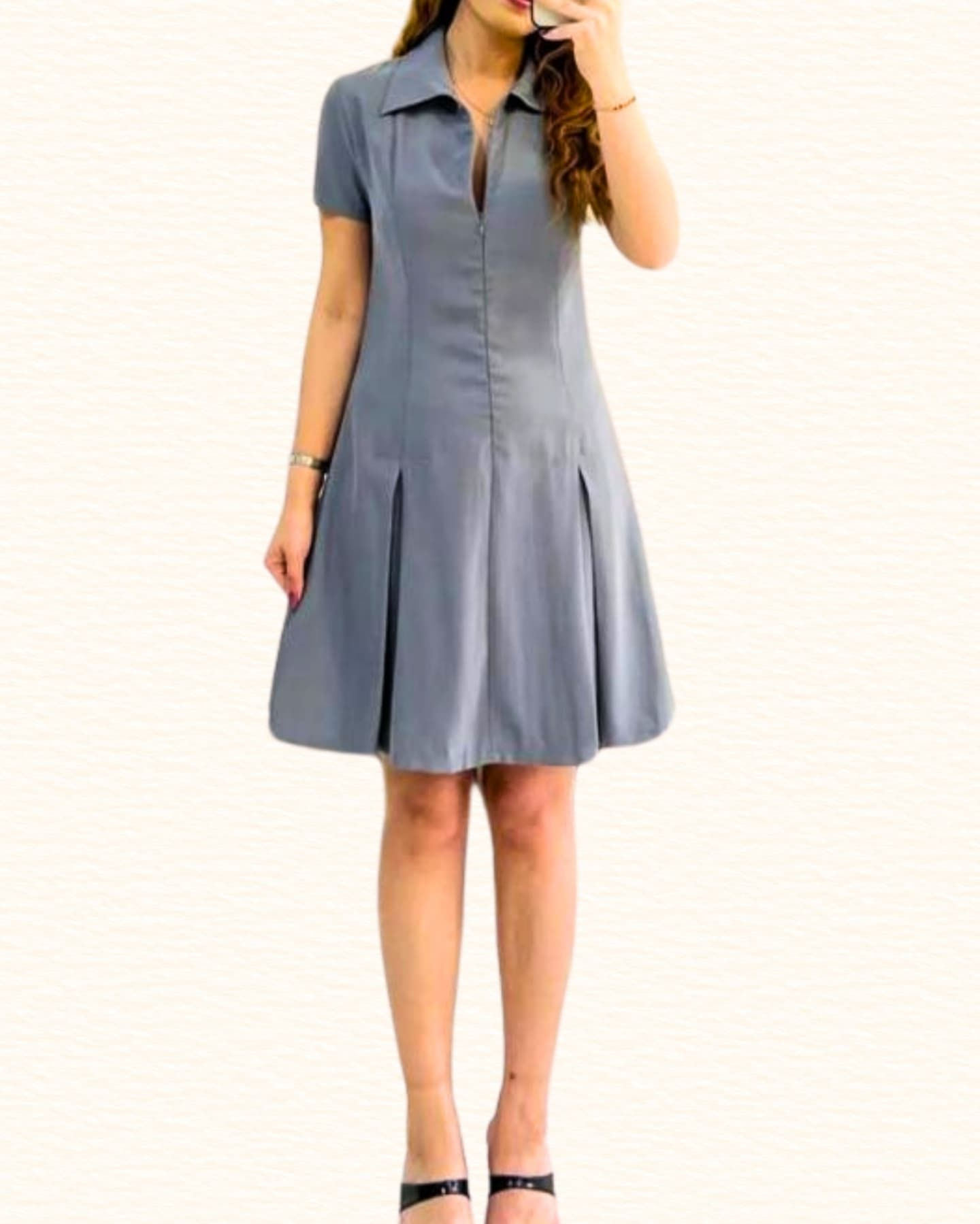 🌸Tensel Bambu Kumaş Polo Yaka Fermuarlı, Eteği A Pileli Mükemmel Doku Elbise