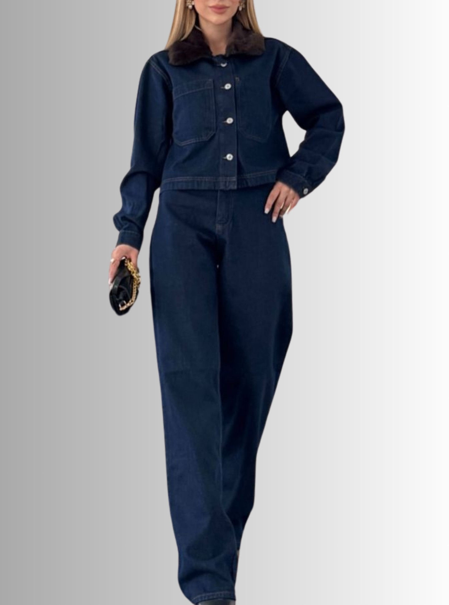 🌸Yakası Peluşlu Ceket Palazzo Pantolon Bol Kalıp 2'li Jean Takım