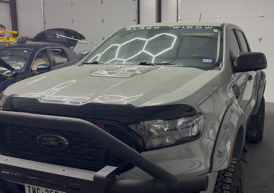 Ford truck, 'HAIL WINDOW' sticker, San Antonio auto hail repair