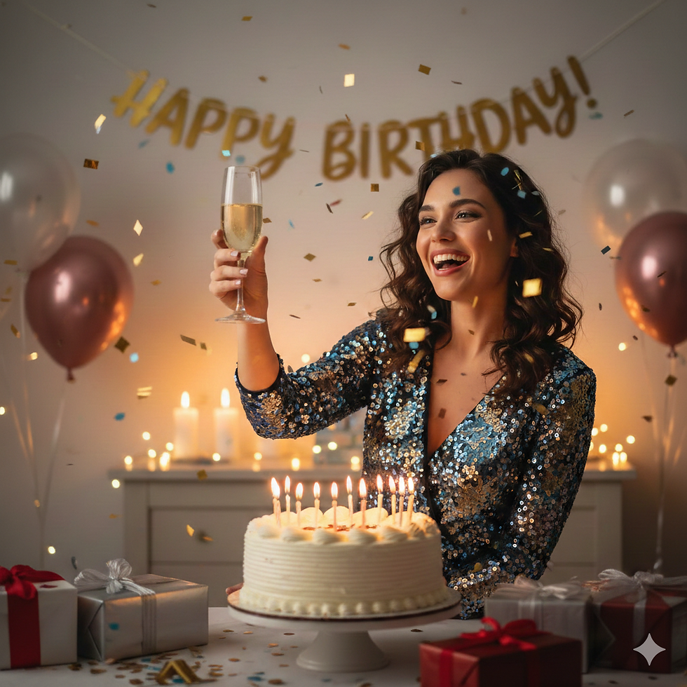 Woman celebrating a special occasion birthday with cake and champagne.