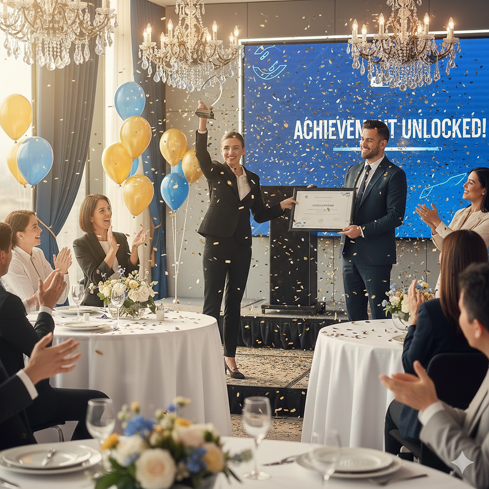 Woman receives award at special occassions ceremony, confetti