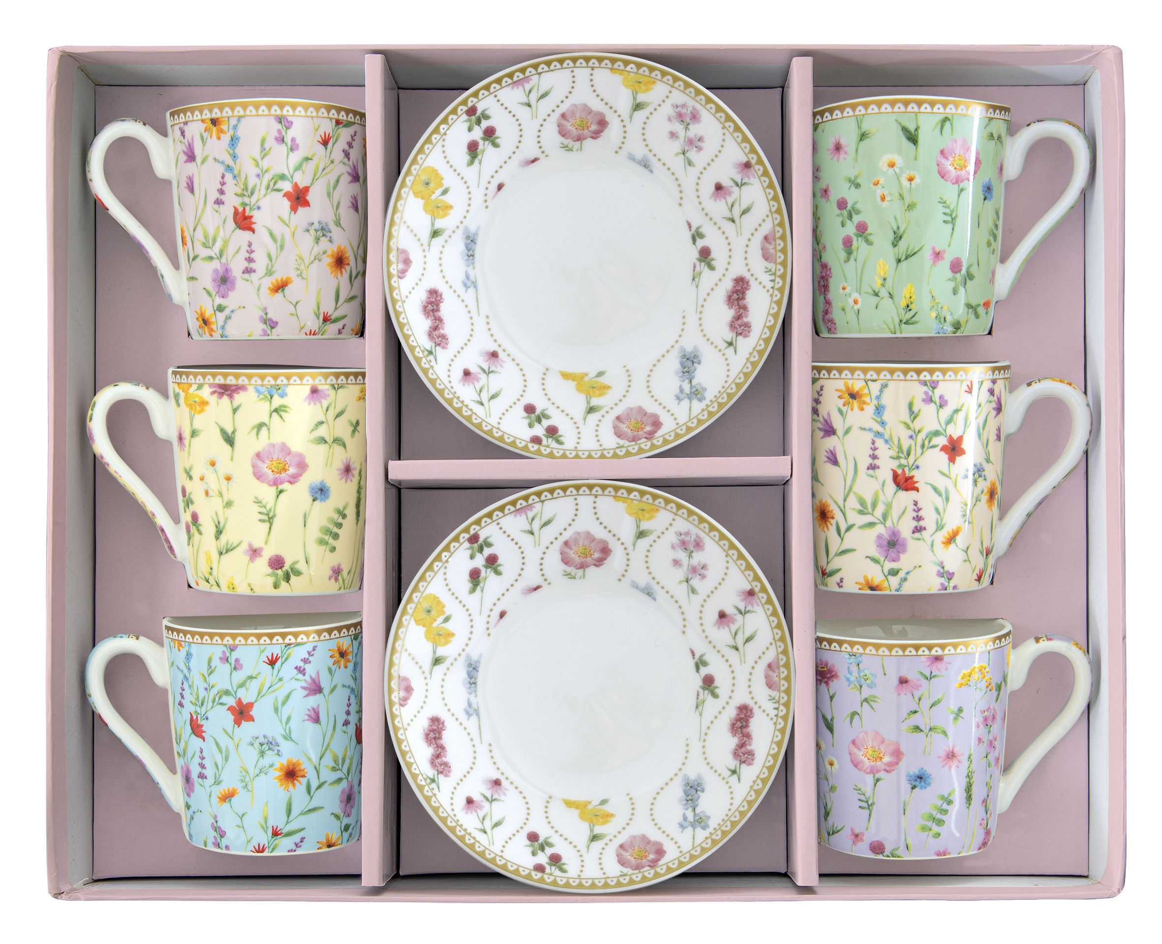 Set of 6 Porcelain Espresso Cups & Saucers in Gift Box MEADOW FLOWERS