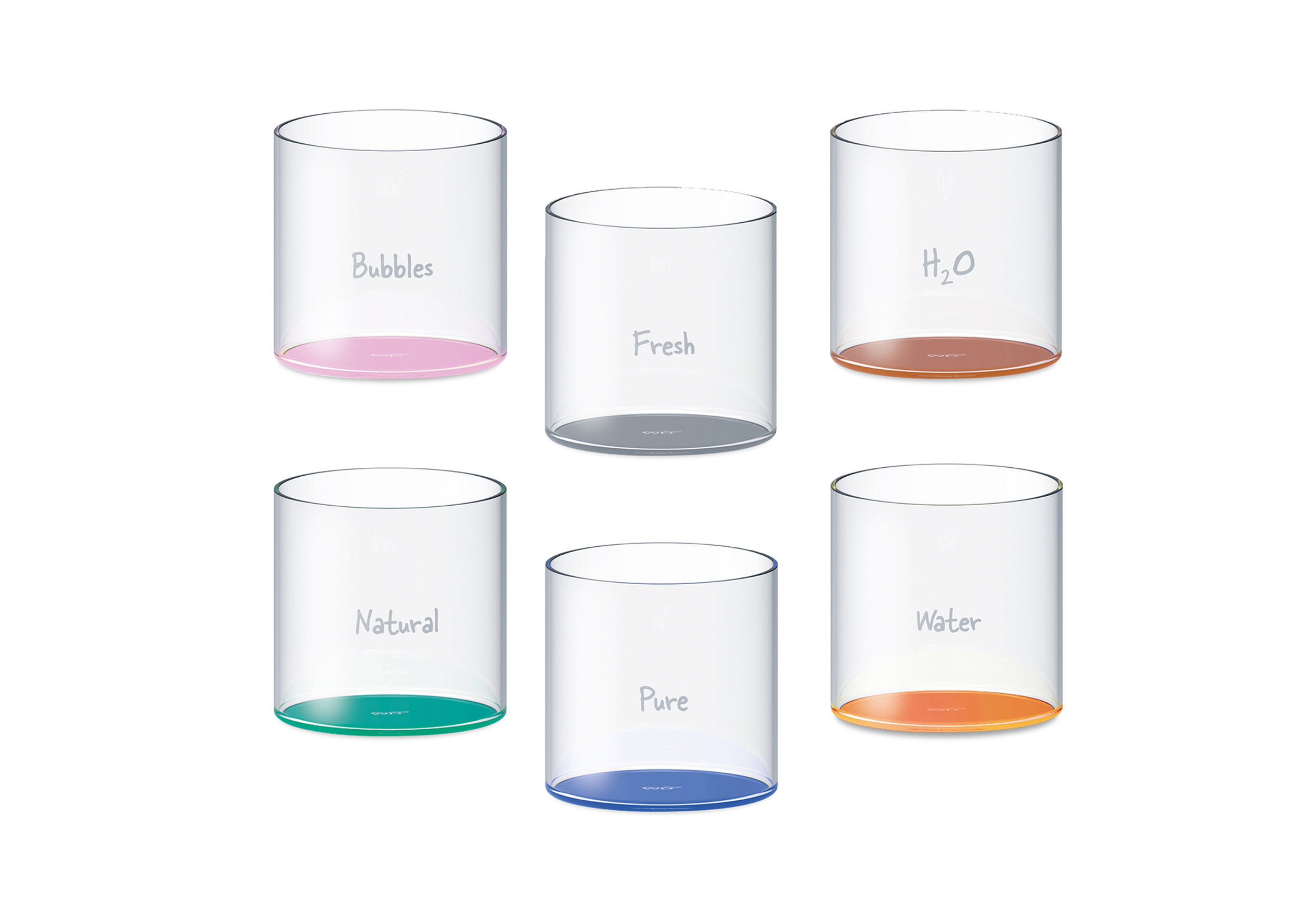 Set of 6 glasses in borosilicate glass with colored bottom. Capacity 250ml.