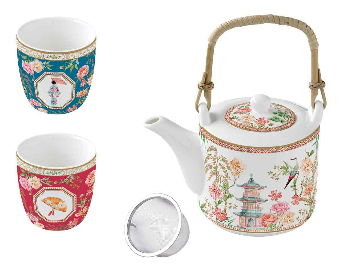 Porcelain Teapot with metal infuser and 2 cups in gift box JARDINS D'ORIENT