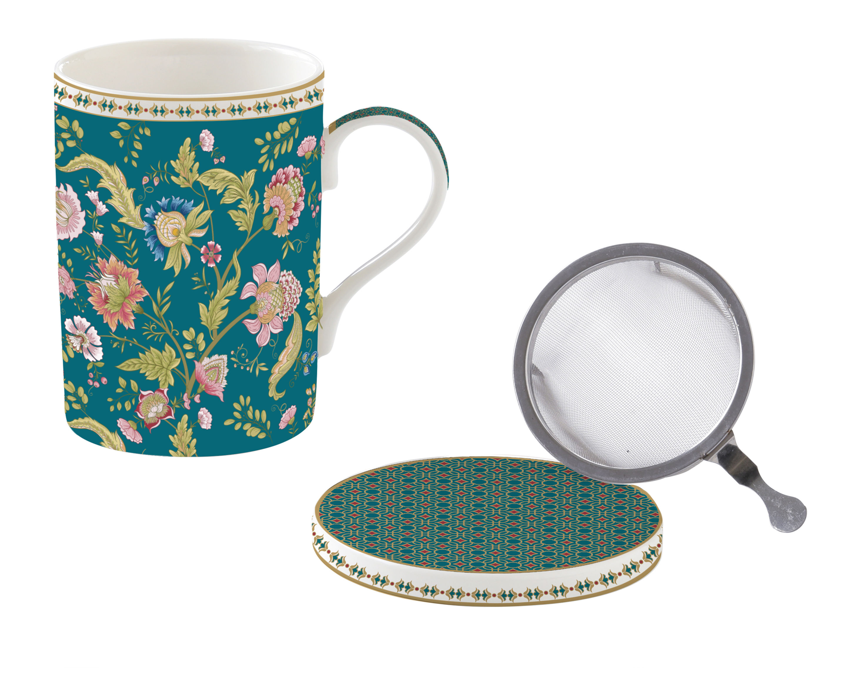 Fine China Mug with lid and metal infuser in Color Box MAGIE D'ORIENT GREEN