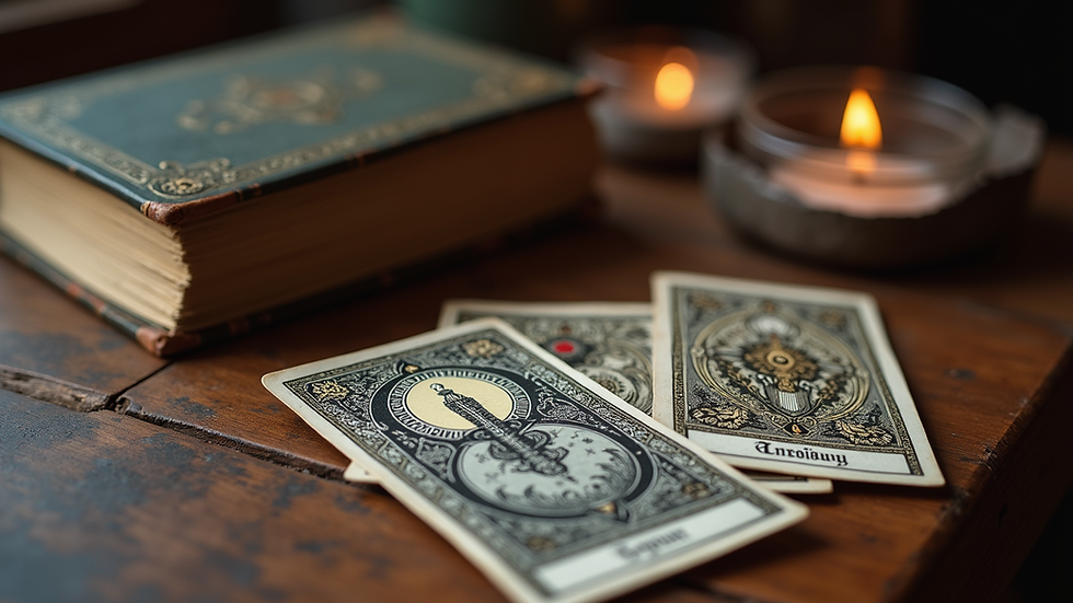 Close-up view of ancient mystical books and tarot cards on a wooden table