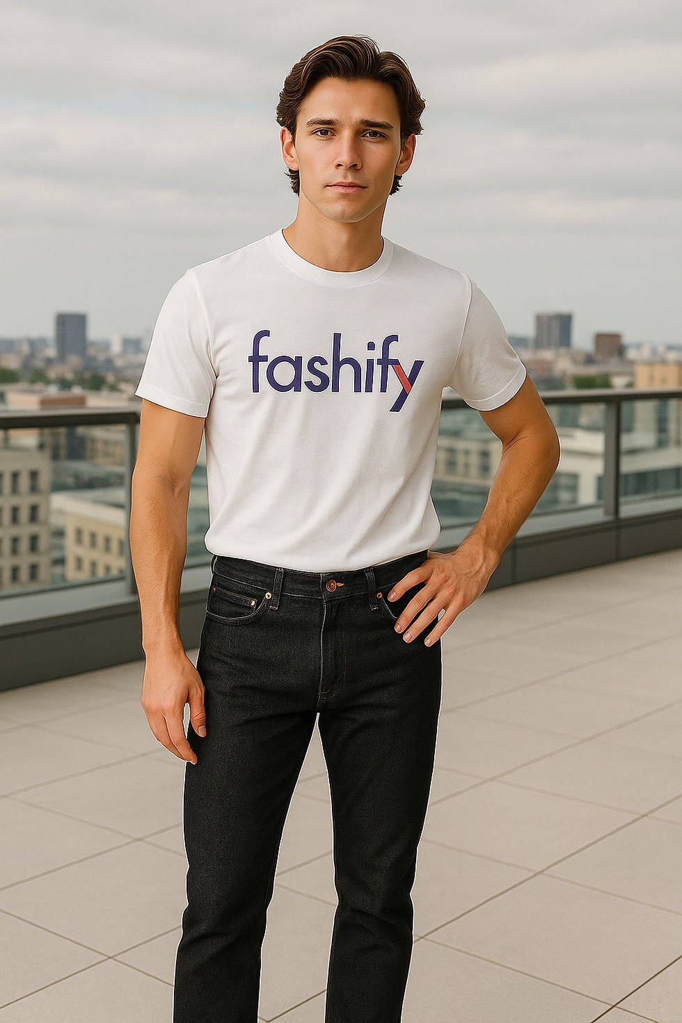 Man stands on rooftop, wearing a white "fashify" shirt and black jeans. Neutral expression; city skyline in background.