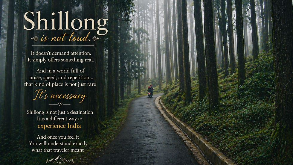 A misty forest path with a person on a scooter. Text praises Shillong's quiet charm, offering a unique Indian experience. Mood is peaceful.