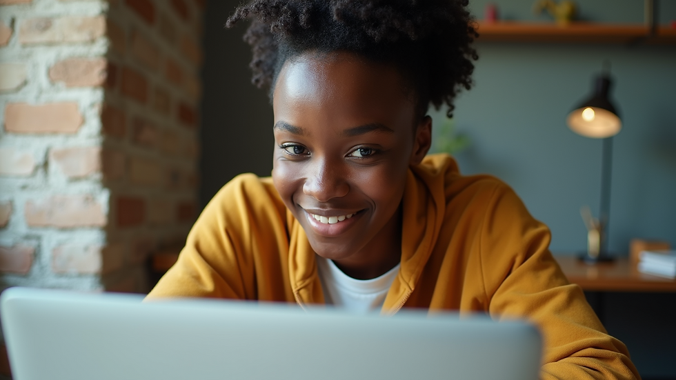 Eye-level view of a young African student looking confidently at a laptop while preparing for job applications