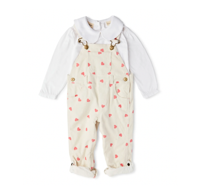 Miniature : Dotty Dungarees - Baby Cream Heart Print Dungarees