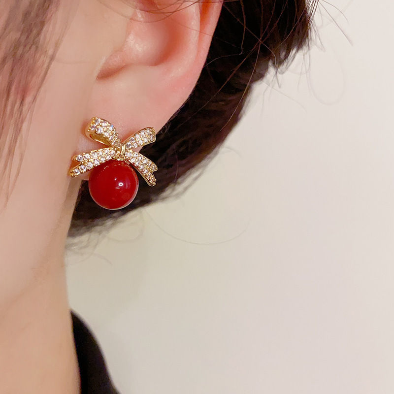 Thumbnail: Sparkling Rhinestone Bow Pearl Stud Earrings Light Luxury Fashion Jewelry Women 