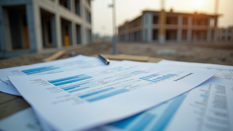Eye-level view of construction site with cost planning documents
