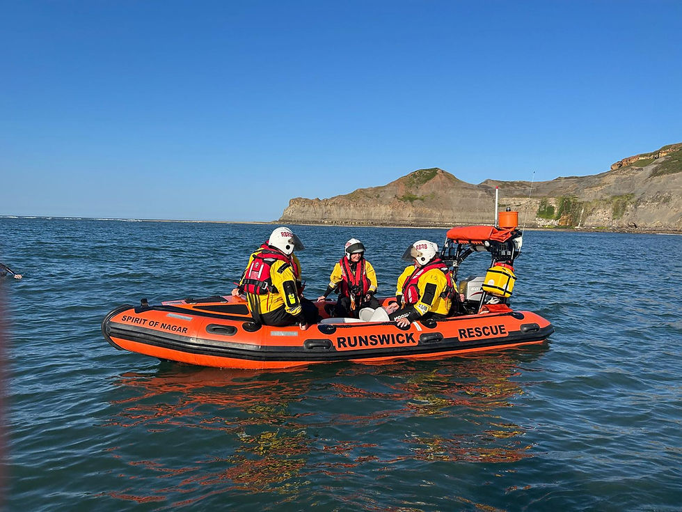 Close-up view of rescue boat crew and volunteers practicing water rescue techniques