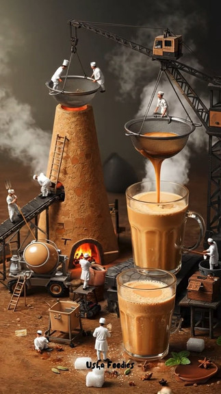 Ilustración surrealista de pequeños cocineros trabajando con grúas, hornos y utensilios industriales para preparar una gran taza de té chai, en un escenario que combina lo cotidiano con lo fantástico.Ilustración surrealista de pequeños cocineros trabajando con grúas, hornos y utensilios industriales para preparar una gran taza de té chai, en un escenario que combina lo cotidiano con lo fantástico.