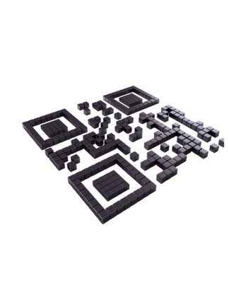 Código QR formado por cubos negros en estilo 3D, con algunos bloques flotando alrededor sobre fondo transparente, representando pagos digitales y tecnología cripto.