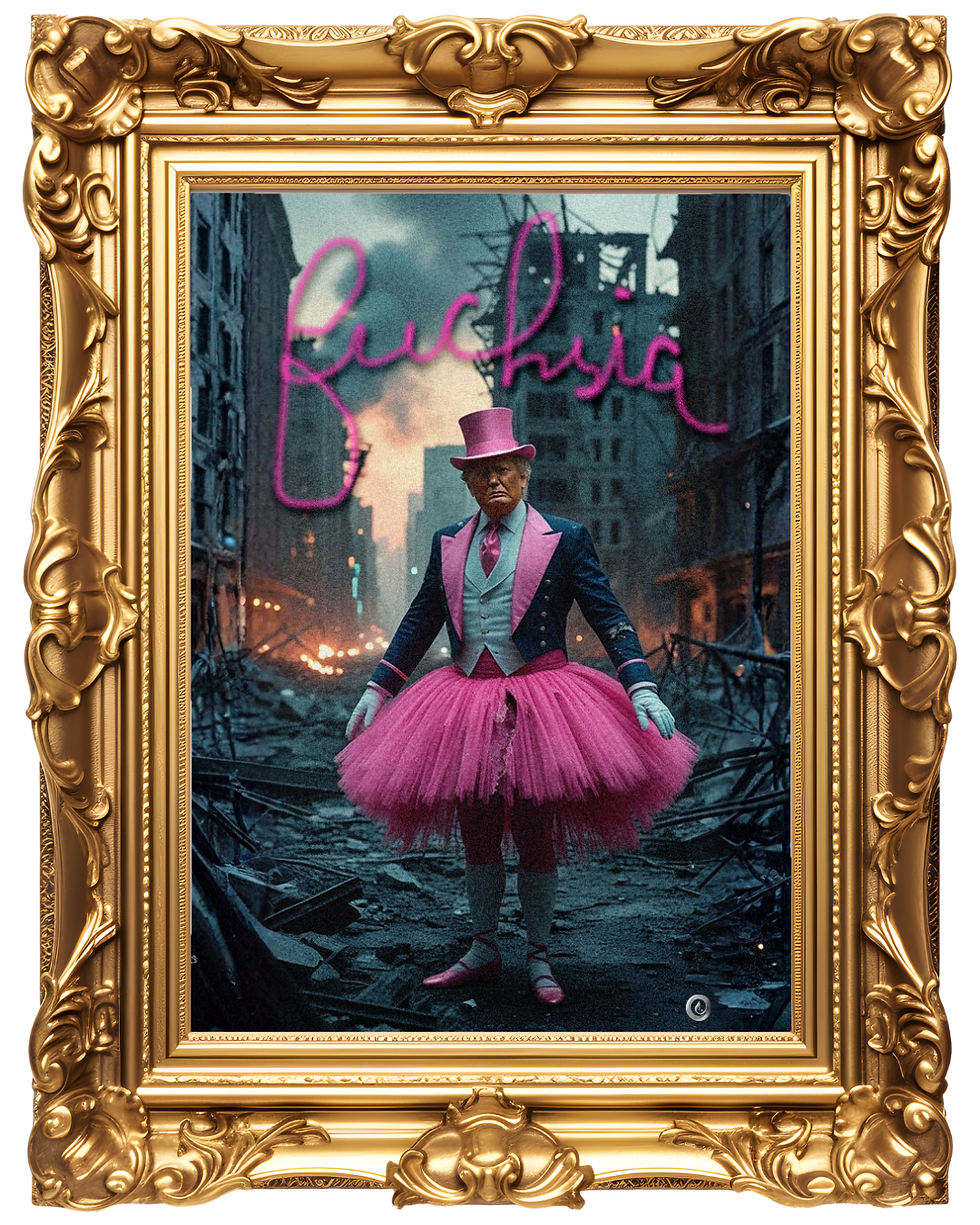 Trump con galera y traje formal vestido con tutú fucsia, de pie entre ruinas humeantes; imagen irónica que contrasta poder y espectáculo en un paisaje apocalíptico.