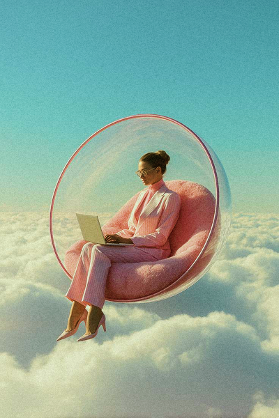 Mujer con traje rosa y gafas trabajando en una laptop, sentada en una burbuja transparente suspendida sobre un mar de nubes. Estética retro-futurista con tonos pastel y luz suave.