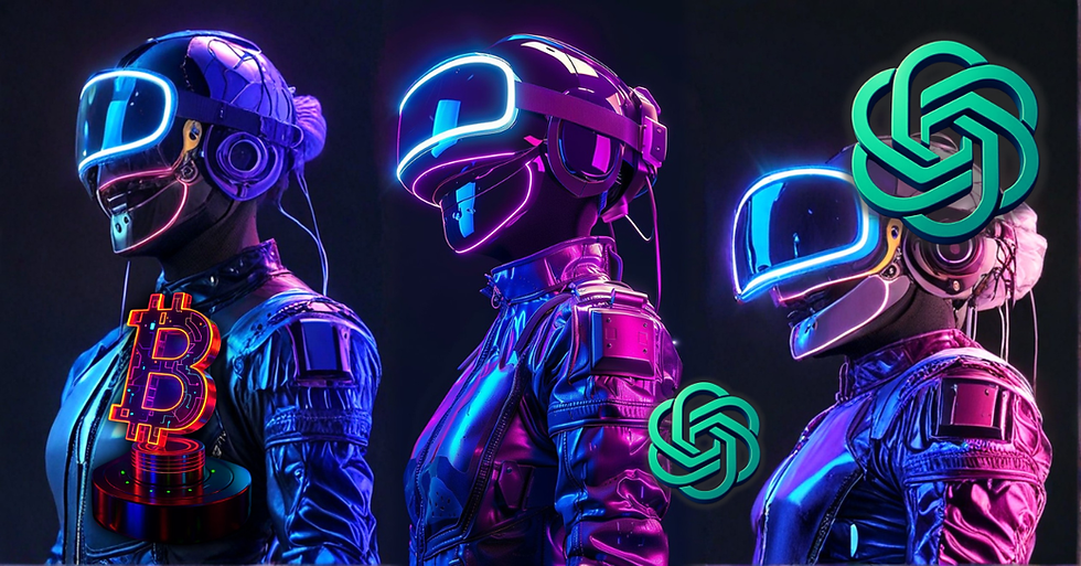 Inteligencia artificial y criptomonedas: agentes de IA, Bitcoin y pagos digitales en un entorno futurista.