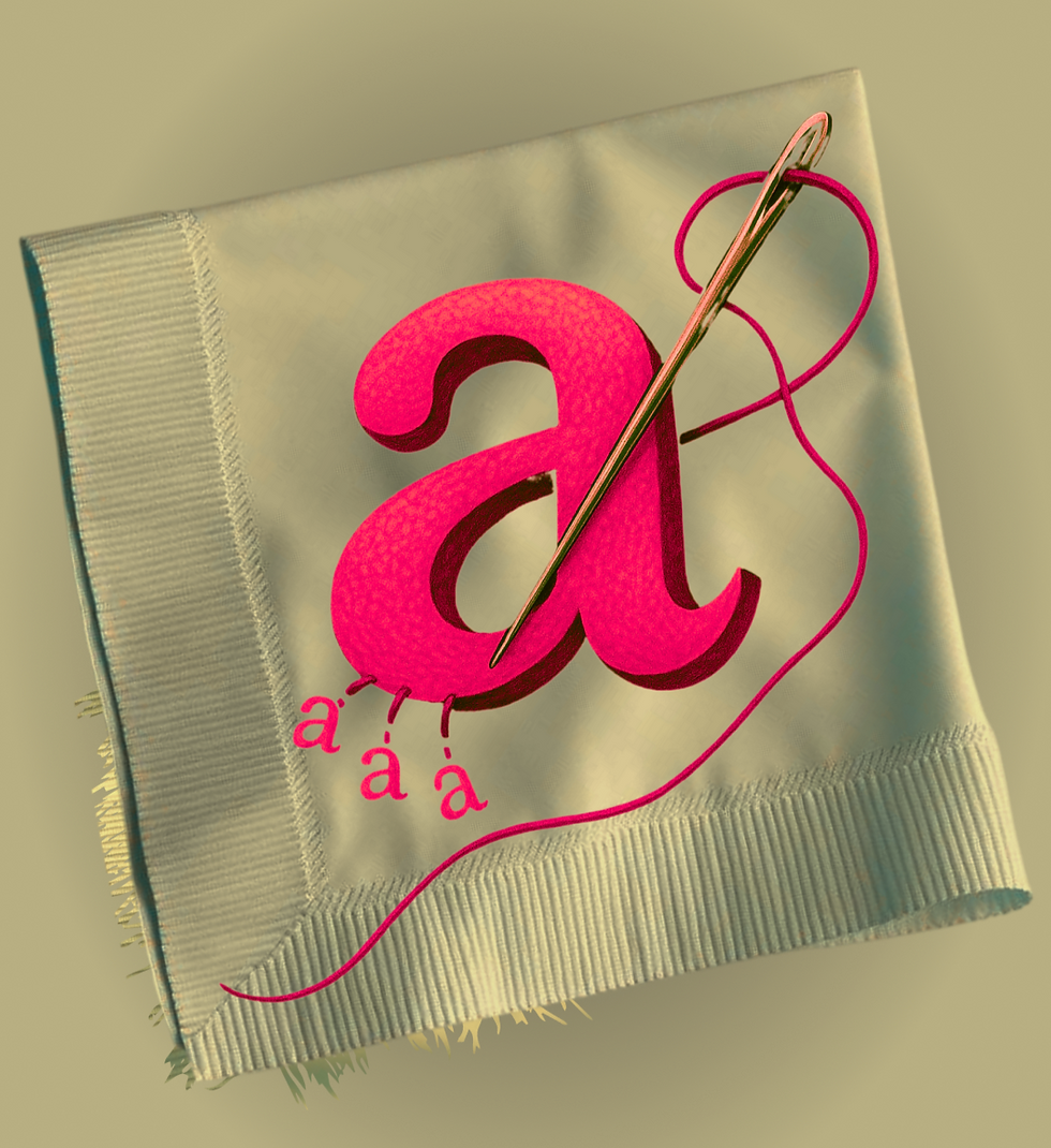 Letra “a” minúscula en color fucsia cereza atravesada por una aguja plateada con hilo del mismo tono. La tela es beige claro, sin textura, y las pequeñas letras “a” funcionan como puntadas. Representación visual del deseo y la reparación.