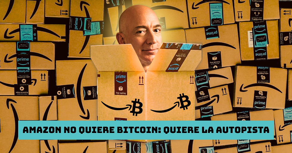 Ilustración de Jeff Bezos saliendo de una caja de Amazon rodeado de paquetes con logos de Amazon y símbolos de Bitcoin. En la parte inferior aparece el texto “Amazon no quiere Bitcoin: quiere la autopista”. Imagen sobre la relación entre Amazon, Bitcoin y la adopción cripto.