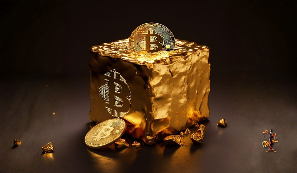 Escena conceptual de Bitcoins incrustados en un cubo de oro, iluminado en fondo oscuro. La imagen sugiere solidez, respaldo y el proceso de extracción de valor en el universo financiero digital.