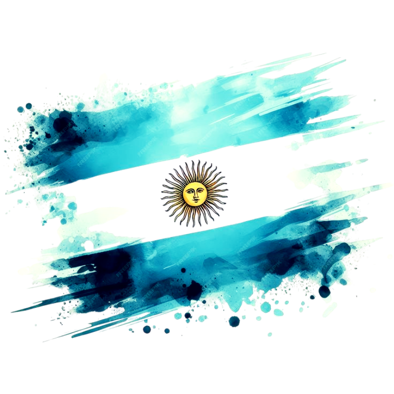 Bandera artística de Argentina pintada con trazos acuarelados en tonos celeste y blanco, con el Sol de Mayo dorado en el centro. El estilo combina textura de pinceladas y efecto de salpicaduras, evocando energía y modernidad.